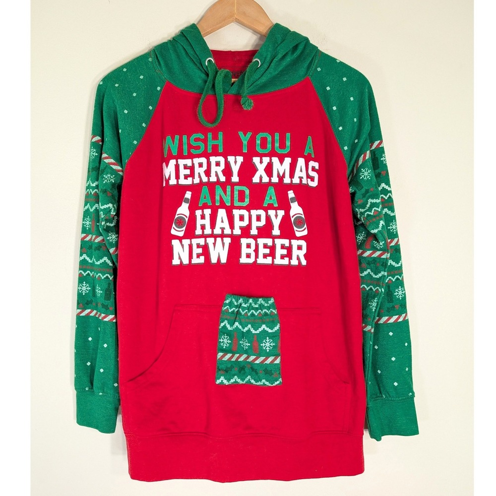 Spencer's Red Christmas Hoodie; Happy New Beer Graphic, Raglan Sleeves, Size M